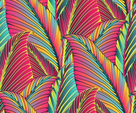 graphic leaves exotic foliage seamless pattern in pop shades
