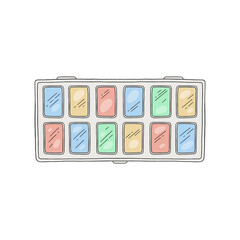 Hand drawn box with set of colored watercolor paints for school. Vector illustration of stationery for study.