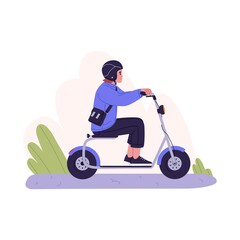 Person riding electric scooter. Woman driving moped. Motorbike rider in helmet on bike seat. Modern eco-friendly city transport. Colored flat vector illustration isolated on white background