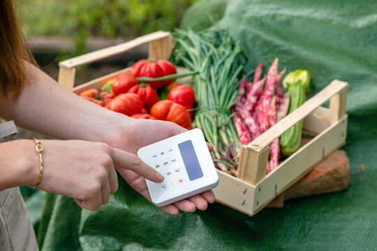 Female farmer using credit card reader in garden