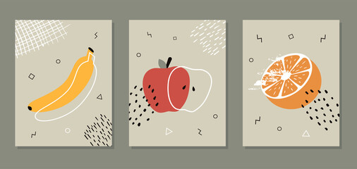 Abstract posters with fruits. Collection of contemporary art. Abstract elements, fruits for social networks, cards, prints. Memphis style apple, banana and orange. 
