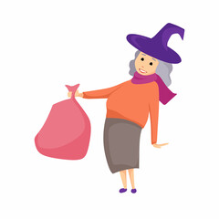 Befana holds a bag of gifts in her hand. Vector illustration in cartoon style.
