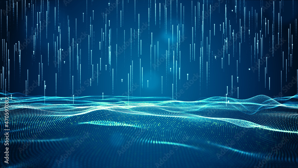 Poster digital particle wave abstract background, blue light and particles rising, 3d rendering