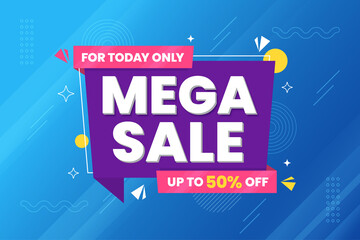 Mega sale banner. Advertising text on abstract memphis style background