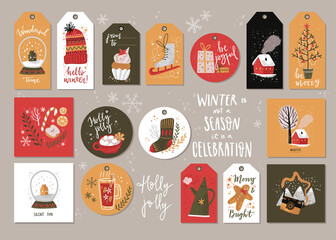 Winter holday cards and gift tags. Christmas and New Year decorations with hand lettering.