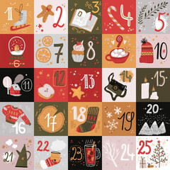 Winter holday cards and advent calendar. Christmas and New Year decorations with numbers. - 470597470