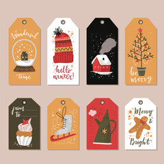 Winter holday gift tags. Christmas and New Year decorations with hand lettering.