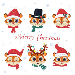 Happy New Year and Merry Christmas. A set of six heads of cute Tiger in carnival hats and scarves of Santa Claus, as well as other accessories and snowflakes. Cartoon, vector