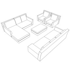 Contour of sofa, armchair and table from black lines isolated on white background. Isometric view. Vector illustration