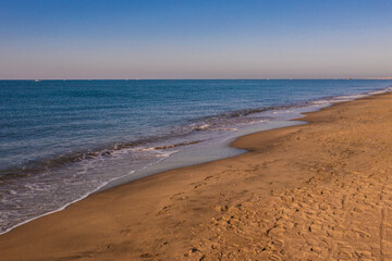 Panorama of the seafront of Ostia, near Rome in Italy. There are no people on the beach or in the sea.