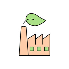 Clean industry concept. Factory with a leaf color line icon. Zero emission idea. Carbon neutral manufacturing. Sustainable development. Chimney filter. Vector illustration, flat, outline, clip art. 