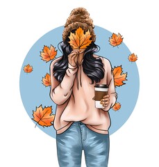 Illustration of woman in a sweater and a warm hat covers her face with a maple leaf and holds coffee to go in her hands