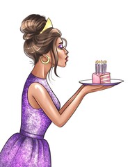 Illustration of beautyful caucasian woman in evening dress and tiara blows out candles on birthday cake