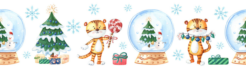 Watercolor New Year seamless border with cute tigers,snow globe,snowman,Chistmas tree,gift box