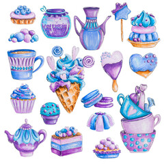 Hand painted set of violet sweets, desserts, ice cream, cakes, cupcakes, macaroons, jam for tasty tea party. Isolated, white background.