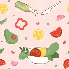 Seamless pattern with hand drawn vegetables. Print with vegetables. Vegetarian healthy food. Avocado, tomatoes, lemon, beans, paprika, onion, lettuce. Drawing for posters, menu, cards, background.