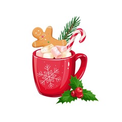 Red cup hot cocoa with marshmallows, holly berries, candy canes, spruce twig and gingerbread man . Vector illustration.
