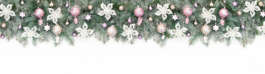 Long banner with Christmas tree garland decorated with pink and gold glitter balls, white flowers....