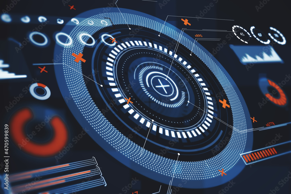 Poster creative round interface with red cross. hud, future, safety and cyber attack concept. 3d rendering.