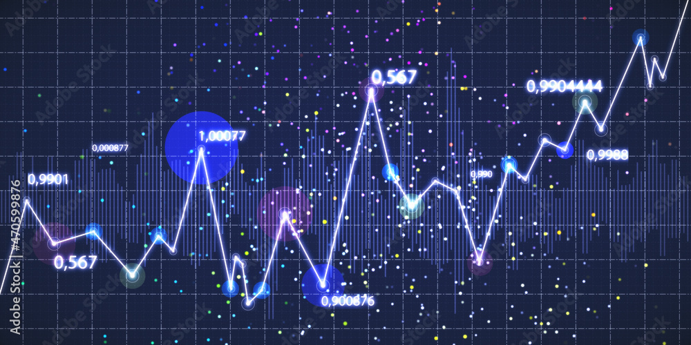 Poster creative glowing business chart on blurry grid background. digital economy and big data concept. 3d 