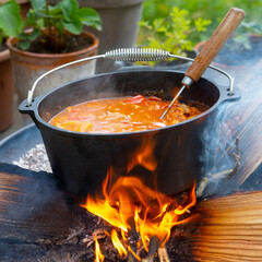 Kettle goulash is prepared over an open fire!