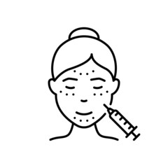 Woman Facial Injection Line Icon. Cosmetology Skin Care for Girl Face Pictogram. Filler, Acid, Botox, Mesotherapy, Anti Aging Procedure Outline Icon. Editable Stroke. Isolated Vector Illustration