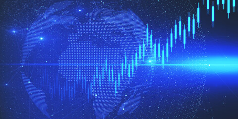 Abstract glowing polygonal globe on blurry starry sky background with candlestick forex graph. Earth, trade, stock, technology and digital world concept. 3D Rendering.