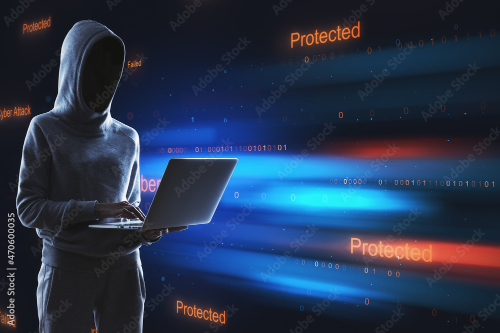 Poster Hacker using laptop with abstract binary code on blurry background. Cyber attack and hacking concept. Double exposure.
