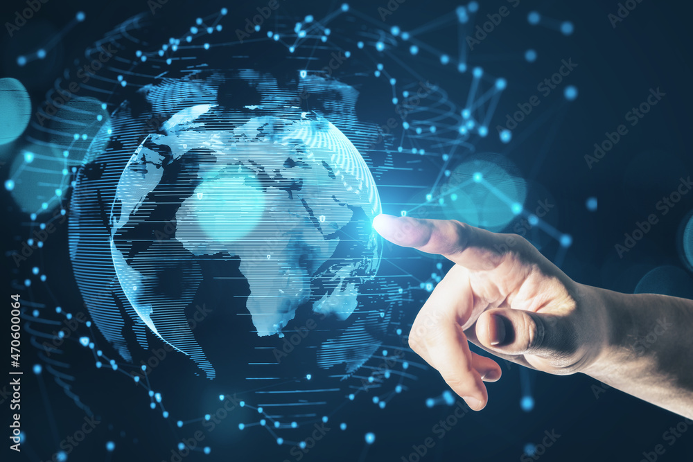 Poster close up of man hand pointing at abstract glowing planet hologram on blurry blue background with pol