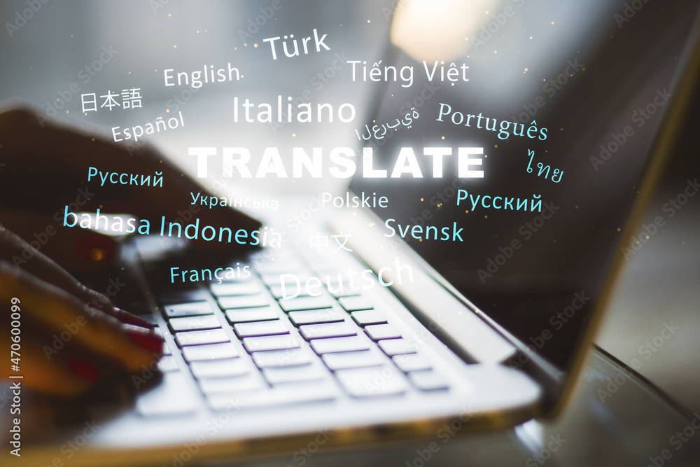 Poster close up of hands using laptop with abstract text on blurry background. translation, foreign languag