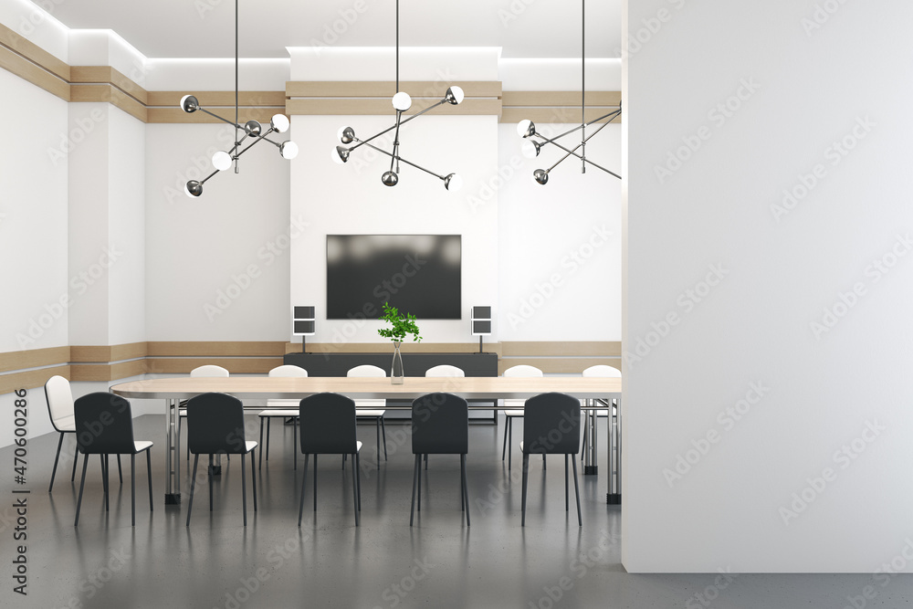 Poster modern light office interior with empty mock up place on wall, furniture and decoratrive items. work