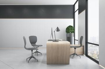Bright concrete office interior with furniture, window with city view and daylight. Interview and workplace concept. 3D Rendering.
