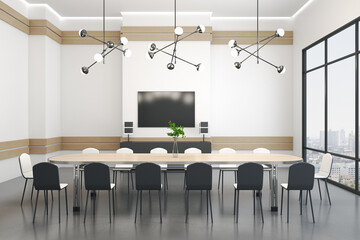 Modern light office interior with furniture, window with city view and decoratrive items. Workplace and communication concept. 3D Rendering.