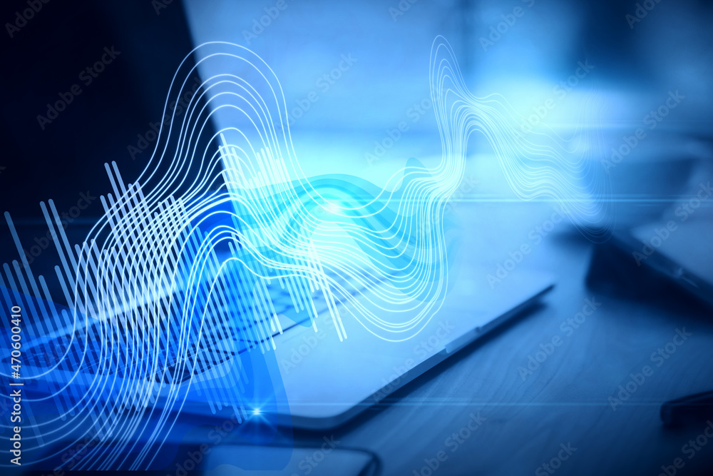 Poster Close up of workspace with laptop computer and digital sound wave on blurry background. Technology, music, frequency and energy concept. 3D Rendering.