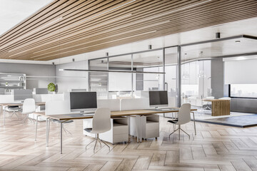 Modern wooden office interior with glass partition and furniture, daylight, window with city view. Workplace concept. 3D Rendering.