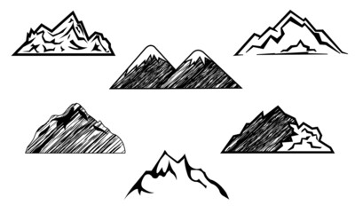 Hand Drawn Mountains Set Isolated, Vector Illustration..