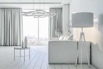 Simple white minimalistic living room interior with curtains, window and city view, furniture and daylight. 3D Rendering.