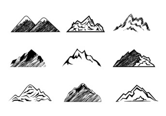 Hand Drawn Mountains Set Isolated, Vector Illustration