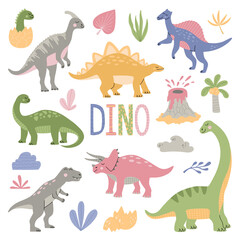 Set of various cartoon dinosaurs among tropical plants, palm trees, volcanoes and DINO inscription. Cute colorful animals isolated on white background. Hand drawn modern flat vector illustration.