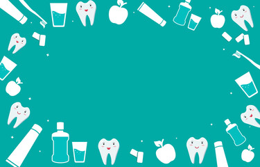 Dental and oral care frame. Pediatric dentistry banner design template. Items for daily hygiene of the oral cavity. Mouthwash and toothbrush with paste, Apple, chewing gum, white healthy teeth. 