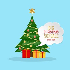 Christmas tree with gift boxes and sale bubble. Merry Christmas and Happy New Year 2022 card