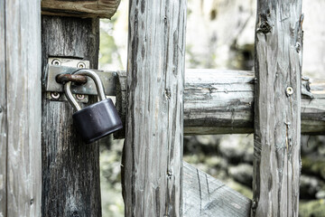 The padlock locked on a gate in a wooden fence.