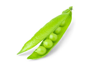 Open pod of green peas beans with shadow on a white background. Fresh sweet legumes isolated. Healthy nutrition and raw organic food ingredient.