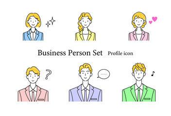 ビジネススーツ姿の可愛い男性と女性の証明写真のようなアバターアイコンセット イラスト ベクター