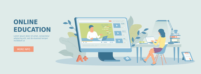 Online education, distance learning, studying, training. Girl watching a video lesson, has an online course. Promotional web banner. Cartoon flat vector illustration with people characters.