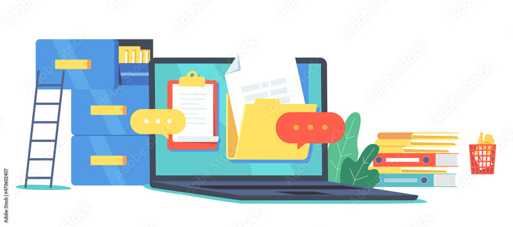 Poster electronic files organization, document management concept. digital data computer archive storage sy