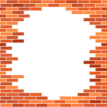 Realistic pattern. Red brick wall on white background. Colorful background. Red brick texture with copy space. Round border, frame for any text.