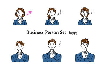 両手を合わせて笑顔で喜んでいるビジネススーツ姿の可愛い男性と女性のアバターアイコンセット イラスト ベクター
