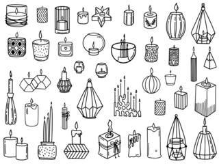 Vector illustration of linear style logos with set of various candlesticks against white background