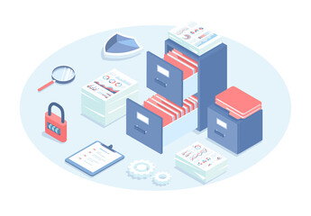 Document organization, data storage, business administration. File management system, archiving service. Vector illustration in 3d design. Isometric web banner.
